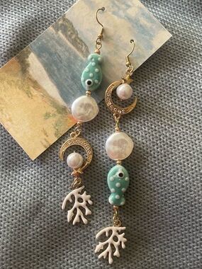 Hand Crafted Aqua, White & Gold Moonfish Drop Earrings